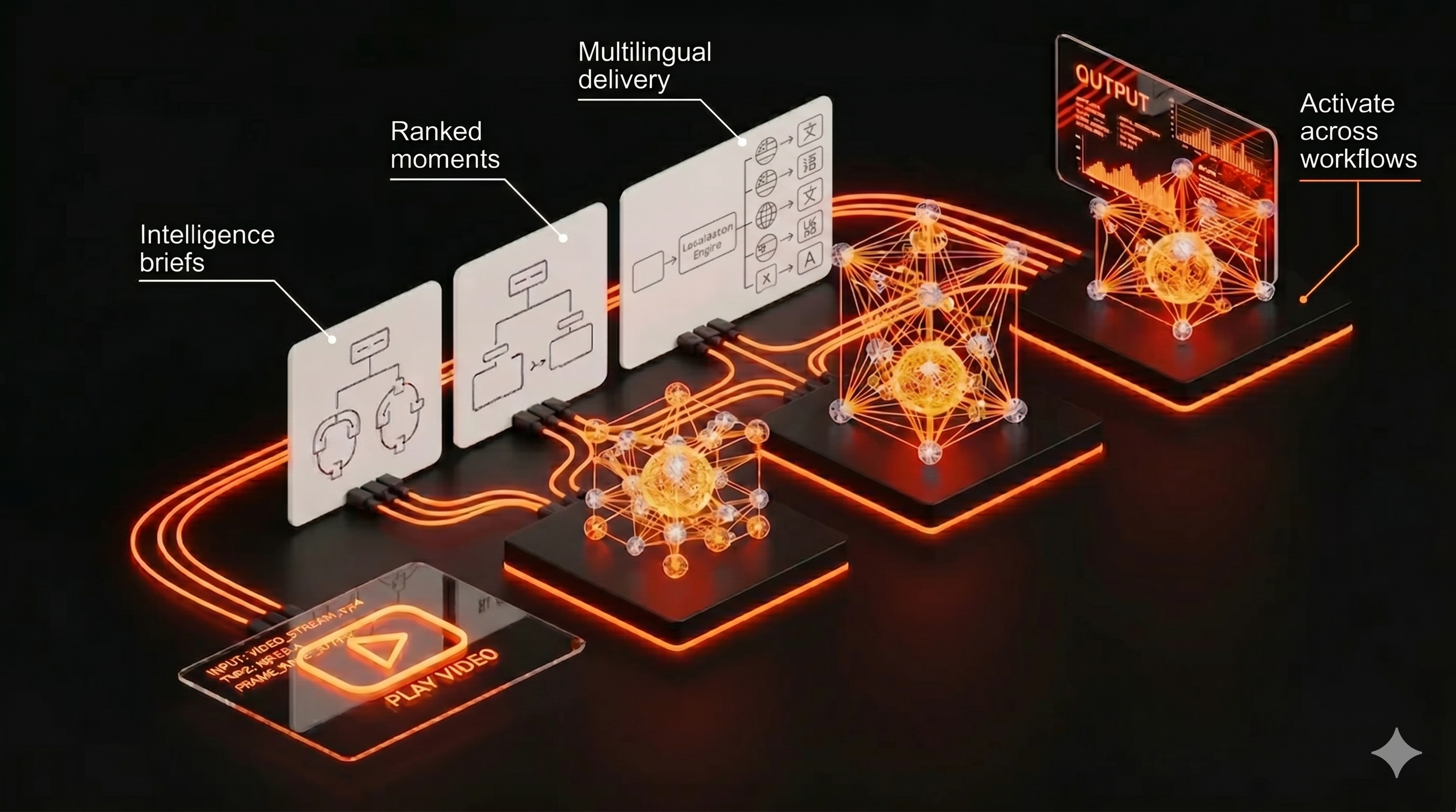 Diagram showing LuminaCore AI turning structured video intelligence into briefs, ranked moments, multilingual delivery, and workflow activation.